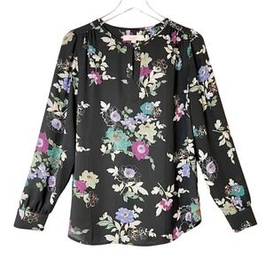 Loft Winter Garden Black Floral Keyhole Long Sleeve Blouse Size S